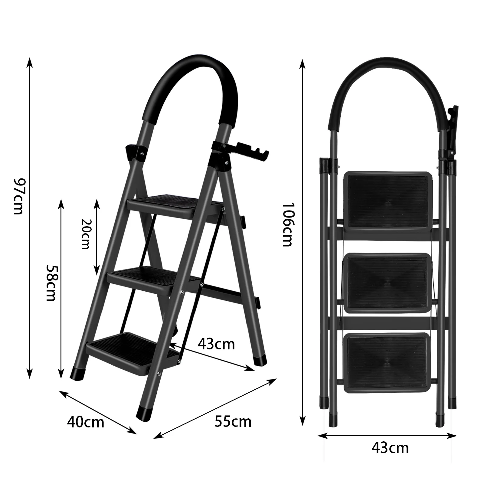 3 Step Folding Step Ladder - Load Capacity 150kg - Foldable Ladder - Wide Anti-Slip Folding Step Stool - Steel Step Stool for Adults - 40*55*97cm image 3