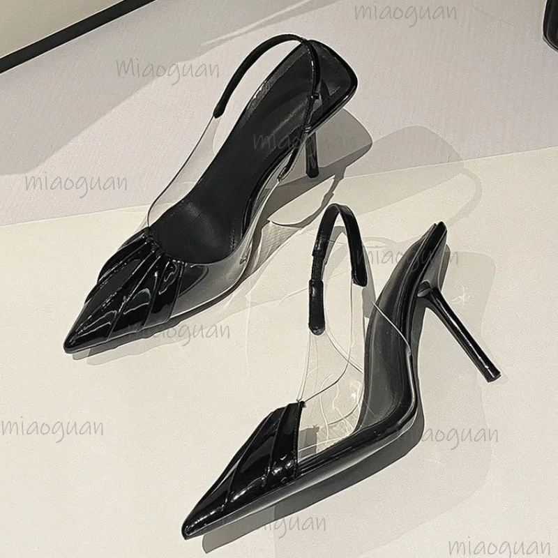 2026 New Pointy Versatile Heels Shoes Commuting Sexy PVC Transparent Film Black Patent Leather High Heel Sandals Party Wedding view 6