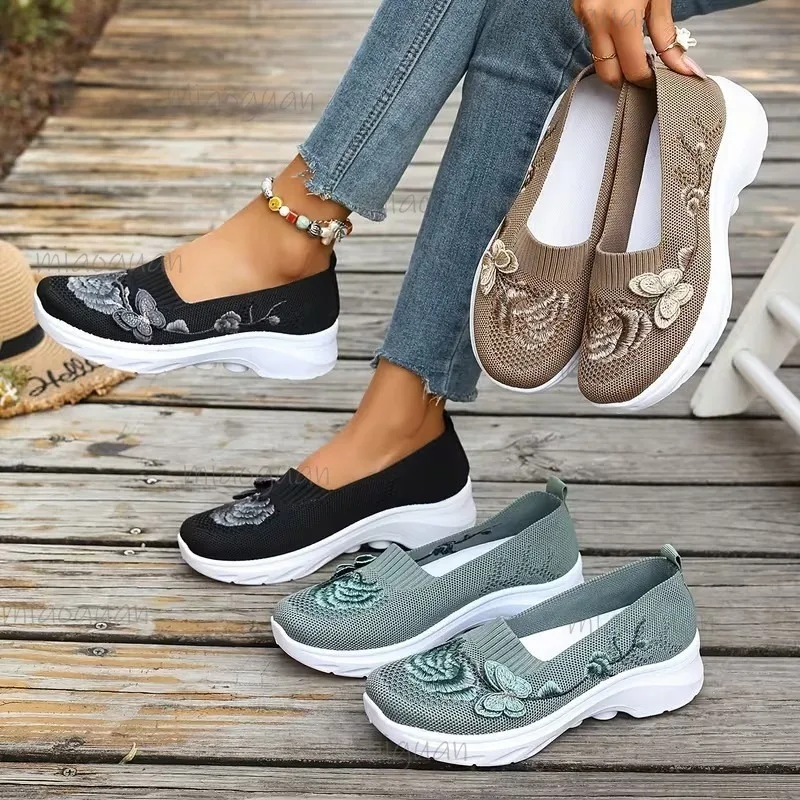 

Женские прогулочные туфли-слипоны с цветочной вышивкой, весна 2026, дышащие сетчатые повседневные кроссовки, удобные лоферы, размер 42