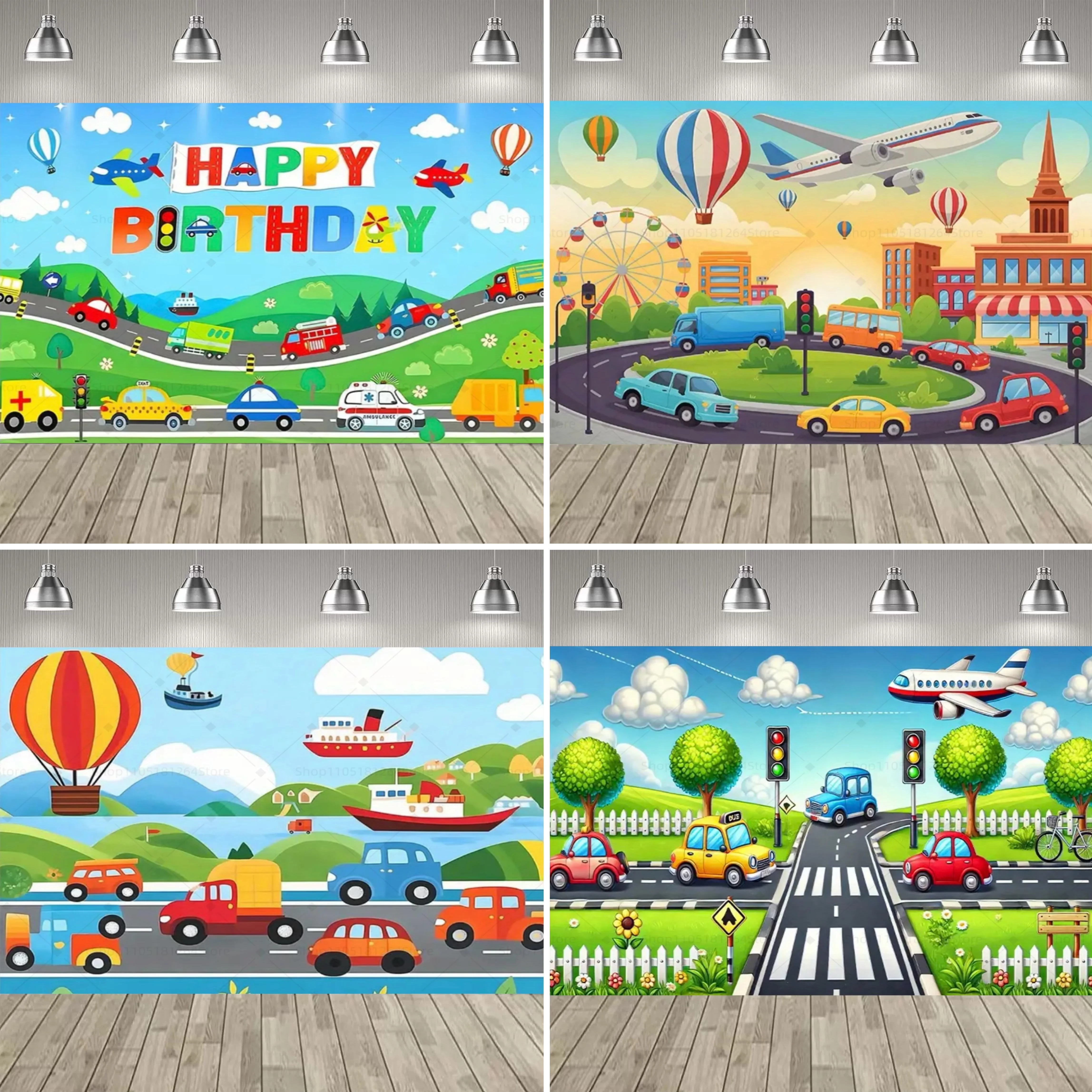 Décoration de fête d'anniversaire à thème de transport pour enfants, arrière-plan de dessin animé, voiture, avion, bannière, fournitures de