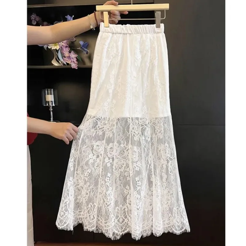 Women Lace Mesh Midi Skirt Elastic Waist Sheer Floral Lace Long Skirt