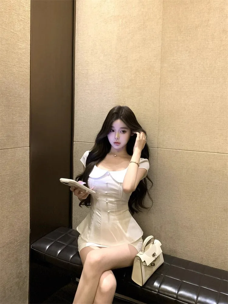 

Faionable Waist-Cinching Doll Collar Two-Piece Set for Women ort Sve Summer Outfit Sexy Bodycon Skirt And Top Ensemble