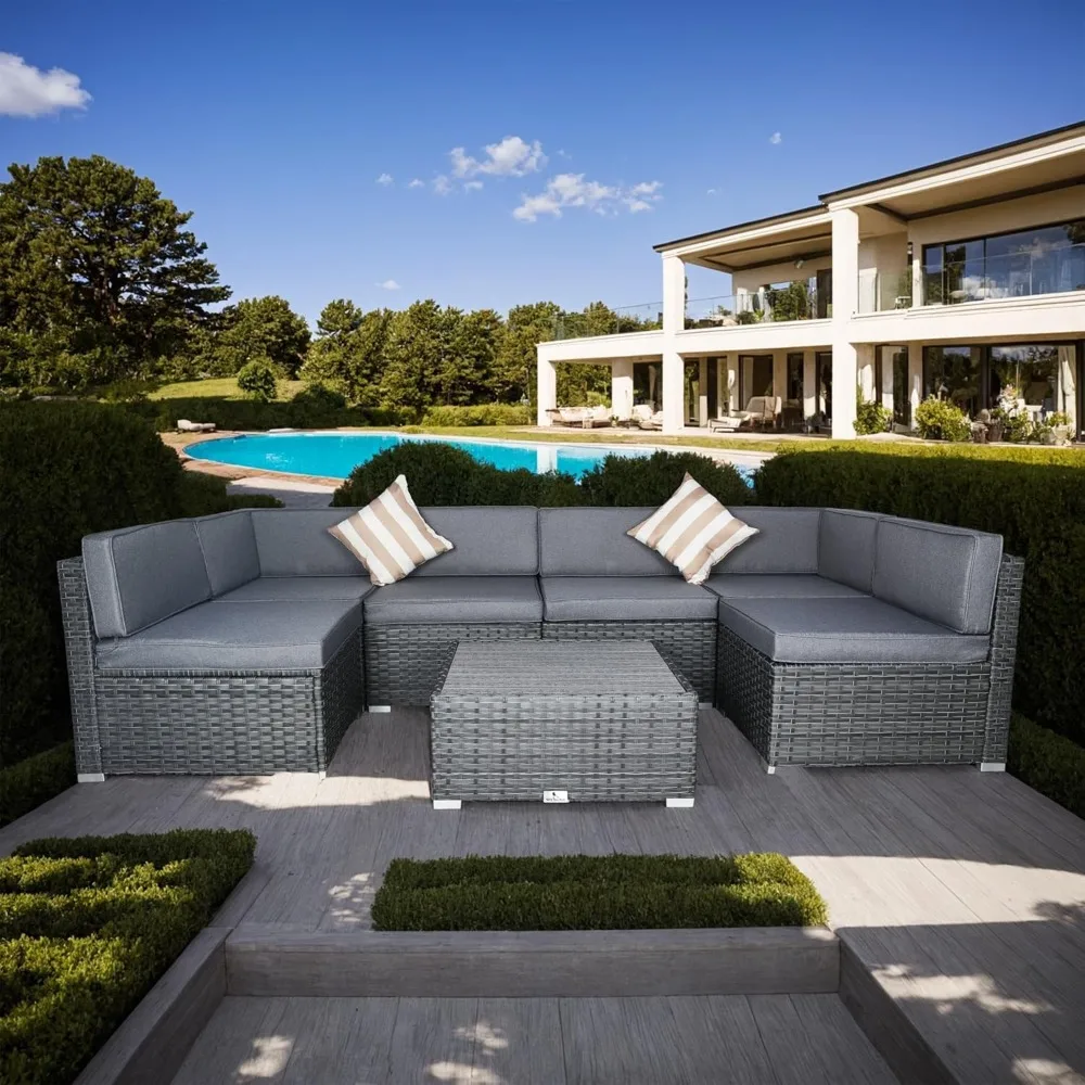 7 Piece Outdoor Patio Furniture Set with Cushions, PE Rattan Wicker Modular L Shape Sofa Set with Coffee Table, and Two Pillows