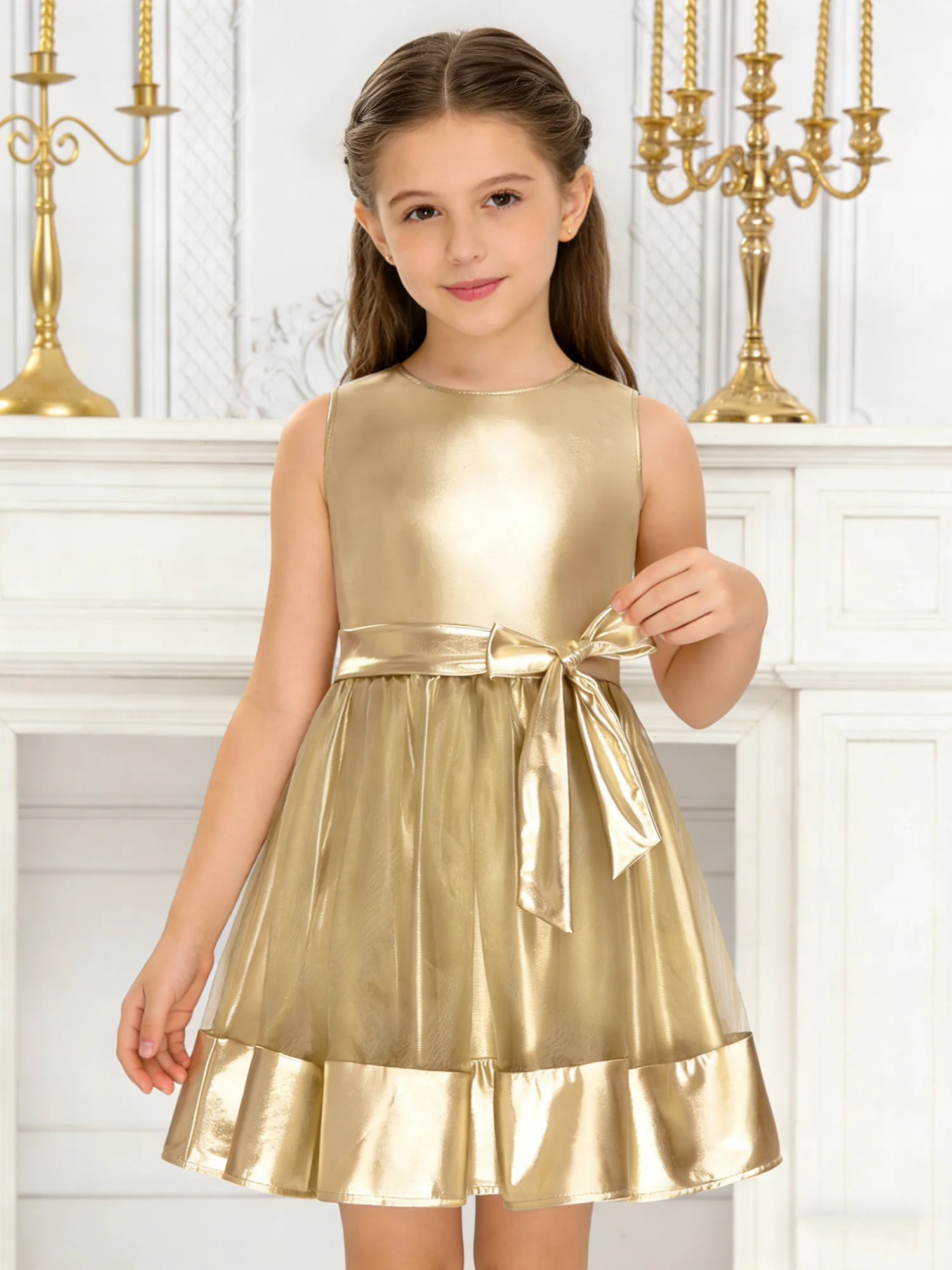 ชุดเดรสเด็กผู้หญิงสไตล์บอลรูมทันสมัย ผ้าเมทัลลิกเงาวาว สำหรับงานปาร์ตี้ แขนกุด ทรงเอไลน์ เหมาะสำหรับงานคริสต์มาสและงานประกวด