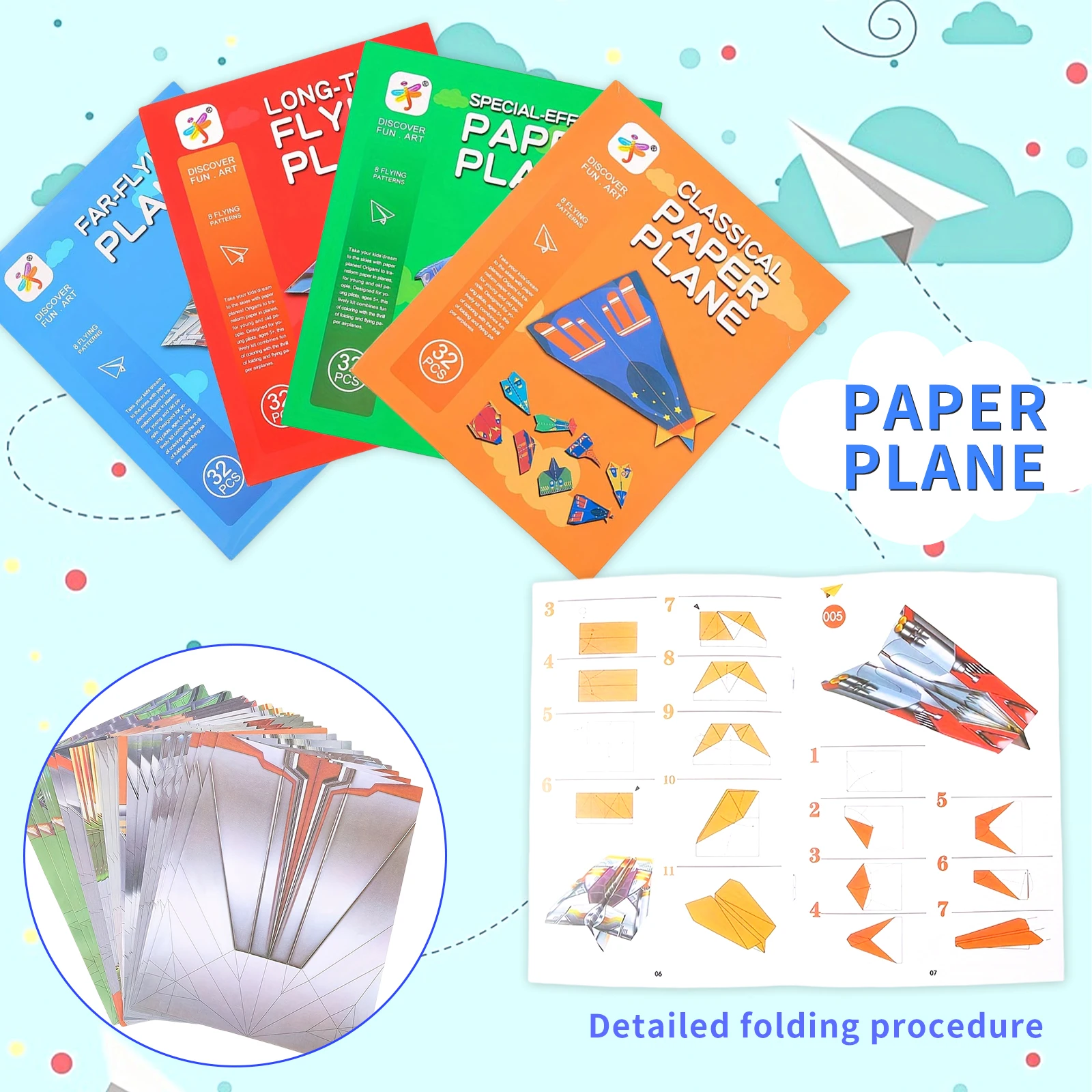 

Children's handmade origami book Includes 32 pieces of colorful cardboard and 1 tutorial Origami airplane Puzzle gift