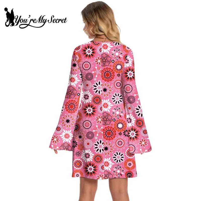 [أنت سري] فستان نسائي 60s 70s Go Go Retro Hippie Boho مزين بالزهور ديسكو فستان الهالوين للحفلات التنكرية