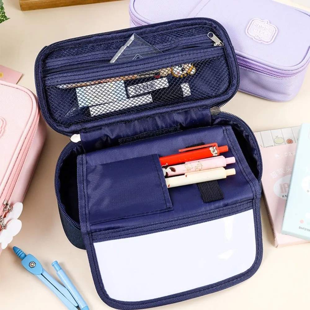 Canvas Pencil Cases Pen Slot Grid Pocket Students Pen Bag Solid Color Multi-compartment Stationery Storage Pouch Cosmetic
