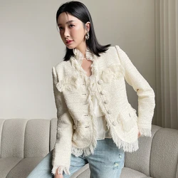 Women's Tweed Fringed Sequins Jacket, White V-neck Coat, Japanese Streetwear, New Design, Autumn, 2021