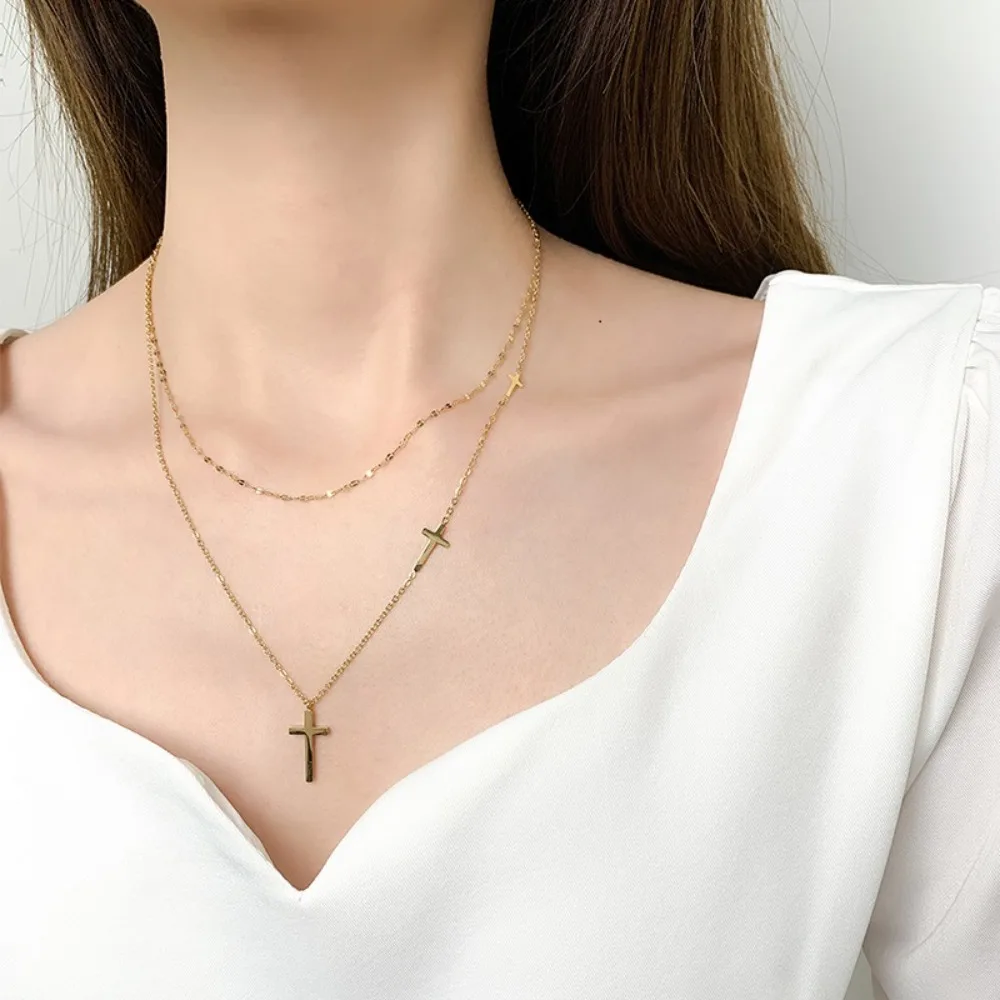 Simple Trendy Smooth Surface Metal Stainless Steel Cross Pendant Double Layer Necklace for Women Collar Chain Jewelry Accessory
