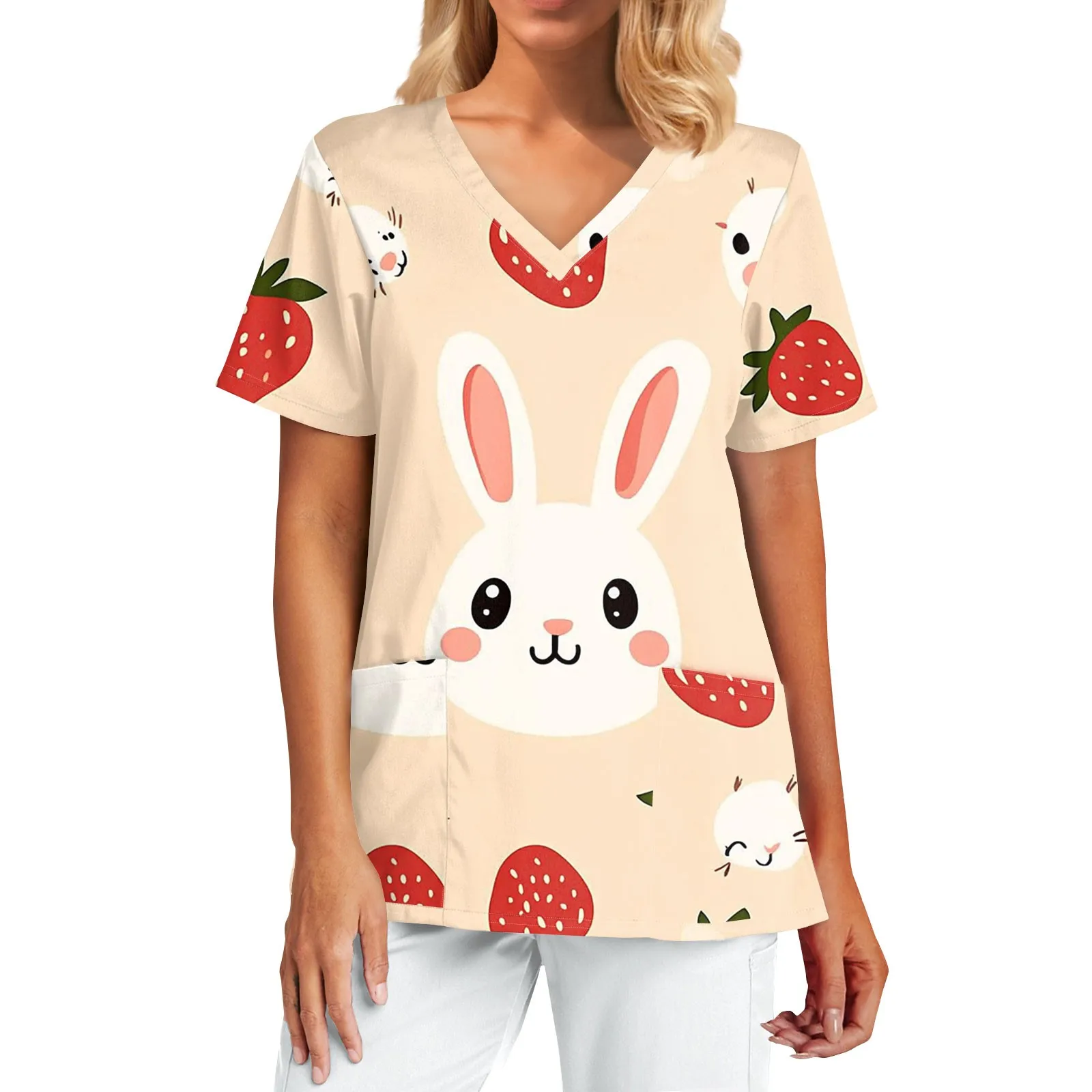 Uniformes femininos médicos coelhinho da páscoa dos desenhos animados impressão obstetrícia enfermagem topos com decote em v manga curta camisetas pet médico esfrega para mulher