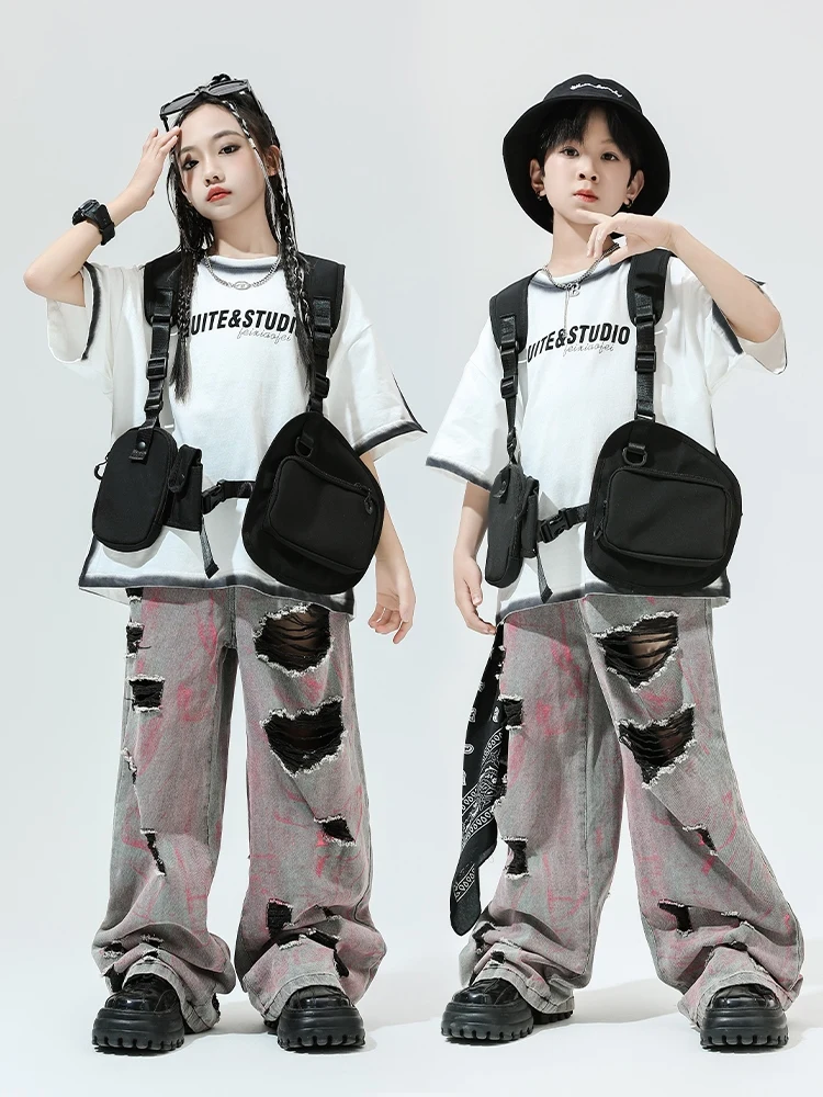 2024 Hip Hop Dance Costumes For Kids White T-Shirt Loose Pants Streetwear Girls Jazz Modern Dance Performance Clothes DQS16590