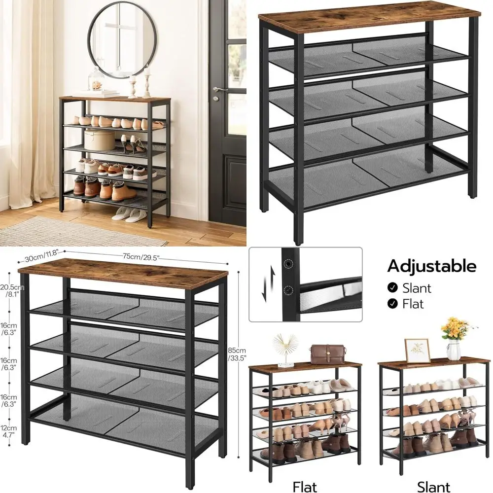 

5-Shelf Adjustable Shoe Rack, 16 Pairs Storage, Rustic Brown for Home & Dorm, Durable & Stable