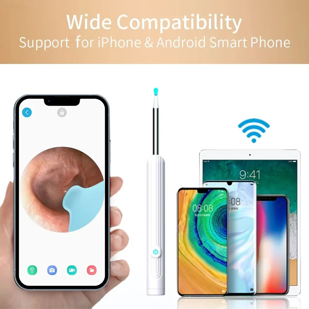منظف الأذن البصري الذكي مع كاميرا 1296P الأذن العصي USB C شحن الأذن الشمع أداة إزالة الصواميل اتصال واي فاي 6 أضواء LED Earpick