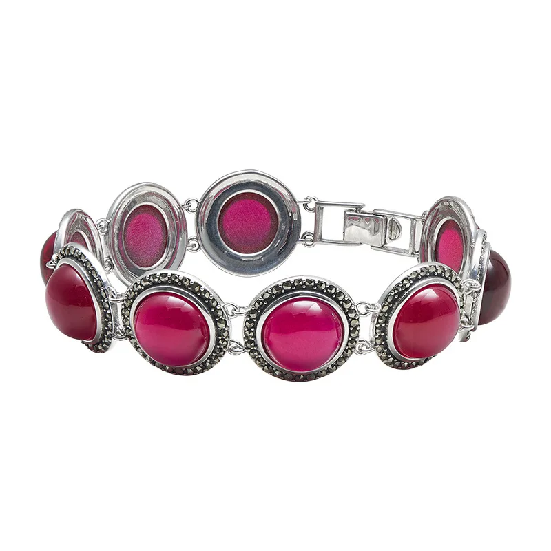 S925 Sterling Silver Charms Bracelets for Women Pink Crystal Red Corundum Micro Marcasite Hand String Jewelry image 6