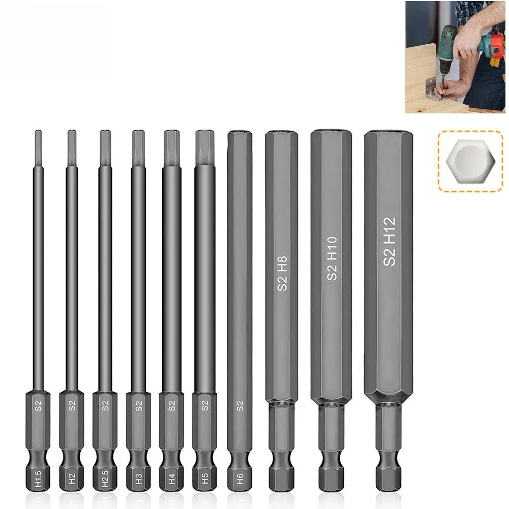 10Pcs S2 Steel Hex Allen Drill Bit Set 1/4 Inch 1.5-12mm Magnetic Tip 100mm Metric Hex Key Screwdriver Bit Set