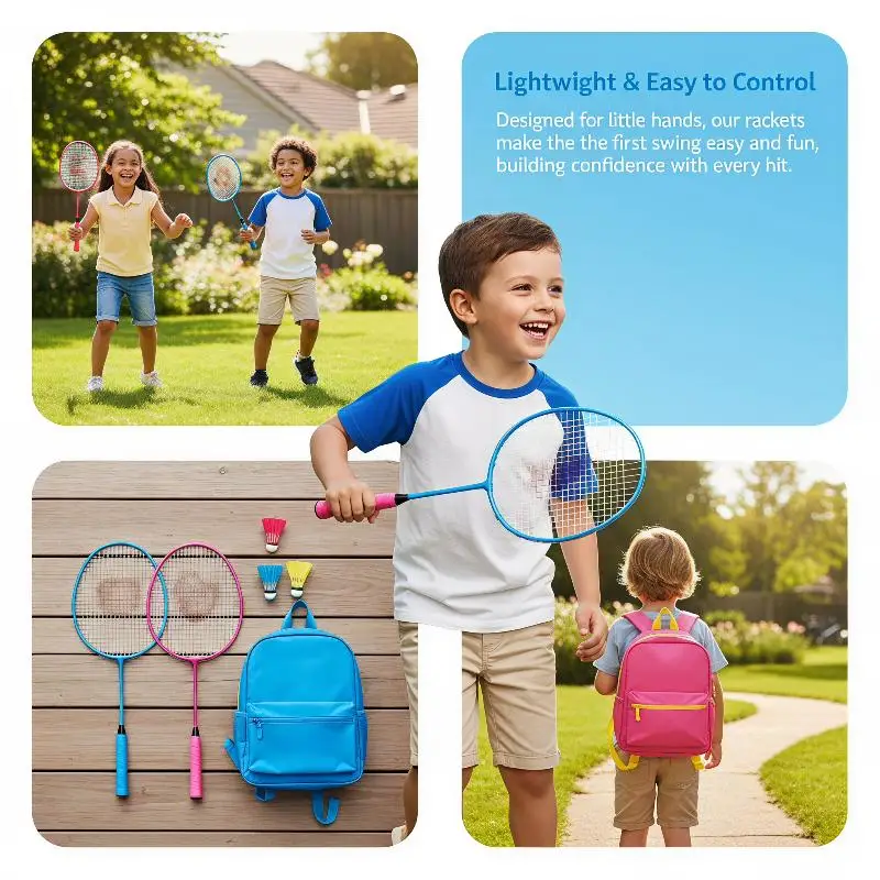 New Kids Beginner Badminton Racket 2PCS Set with 3 Balls Lightweight Comfort Grip for Outdoor Yard Children Party Games