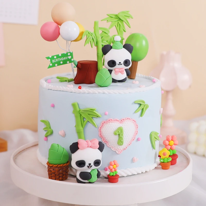 Happy Birthday Cake Topper Polymer Clay Panda Decoration Wedding Baby Shower Cake Topper Kids Favors Cupcake Dessert Accessories