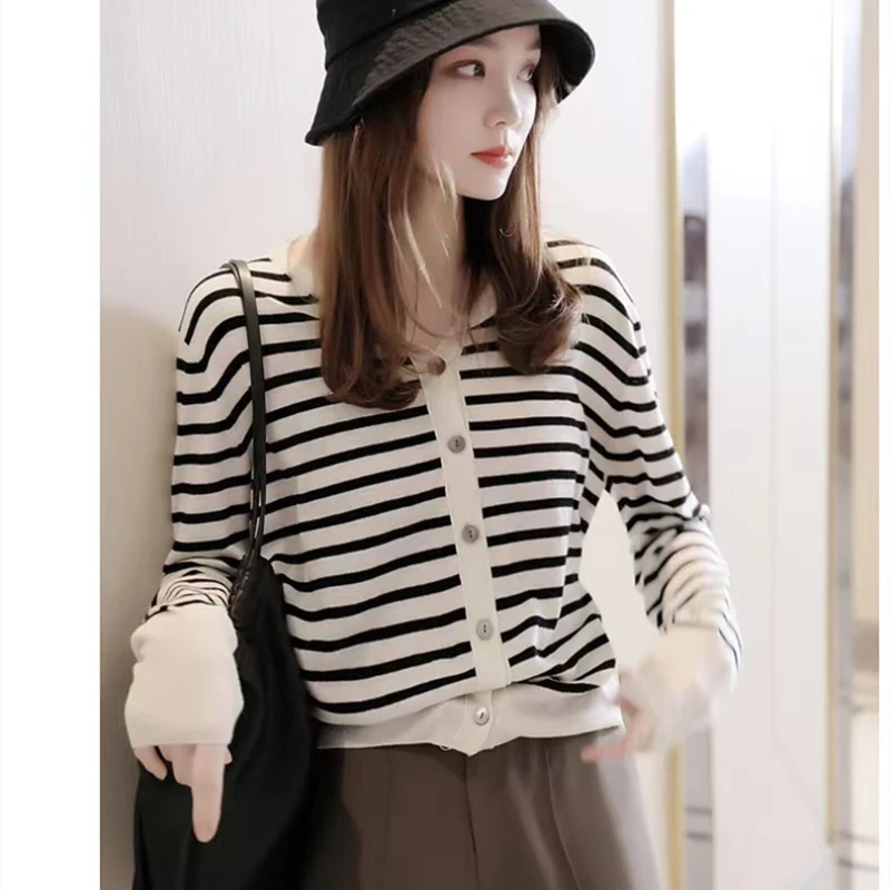 

Round Neck Striped Cardigan Women's Contrasting Spring Autumn Thin Style Fine Imitation Wool Knitted Sweater Cardigan Top