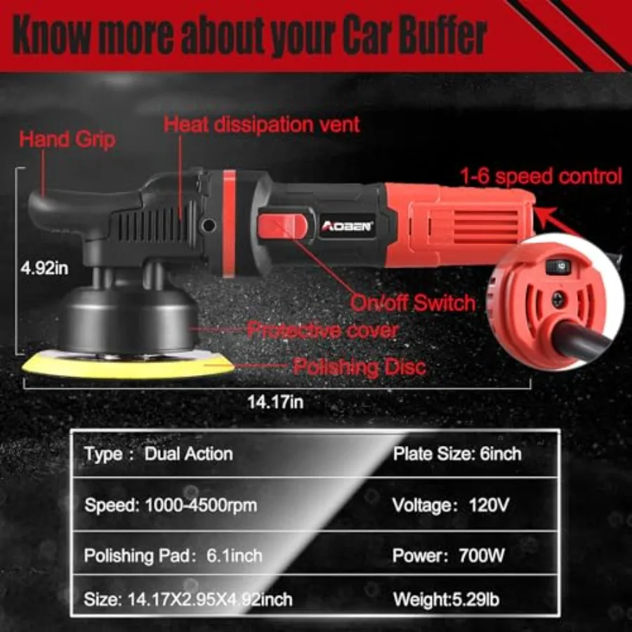 Car Buffer Polisher, 6 inch Dual Action Polisher, Random Buffer Polisher kit with 6 Variable Speed 1000-4500rpm, Detachable Han