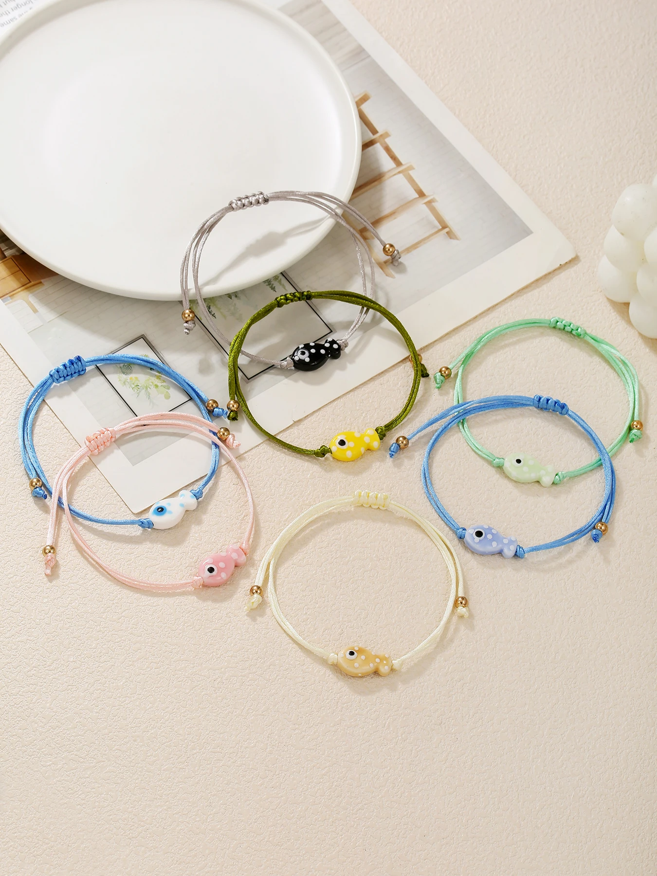 Colorful Ceramic Spotted Fish Rope Chain Braclets Set for Women Bohemian Handmade Adjustable Cute Charm Bracelet Holiday Jewelry