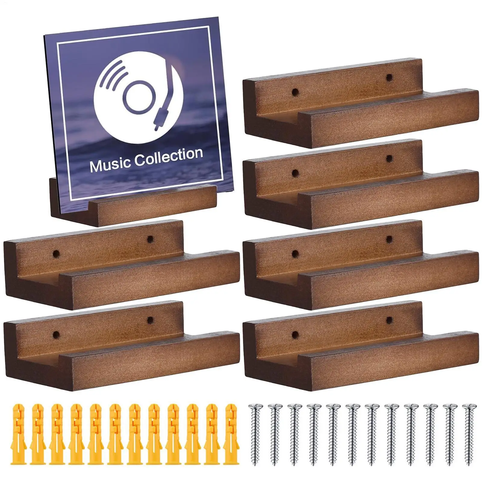 6PCS Small Wall Record Holder Display Shelf Wood Vinyl Record Shelf Wall MountVinyl Record Shelves Record Album Display Holder