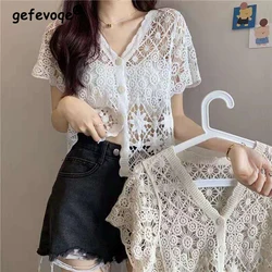 Women's Korean Fashion Sexy Lace Hollow Out Short Sleeve Button T-shirts 2024 Summer Casual V Neck Solid Slim Tops Ropa De Mujer