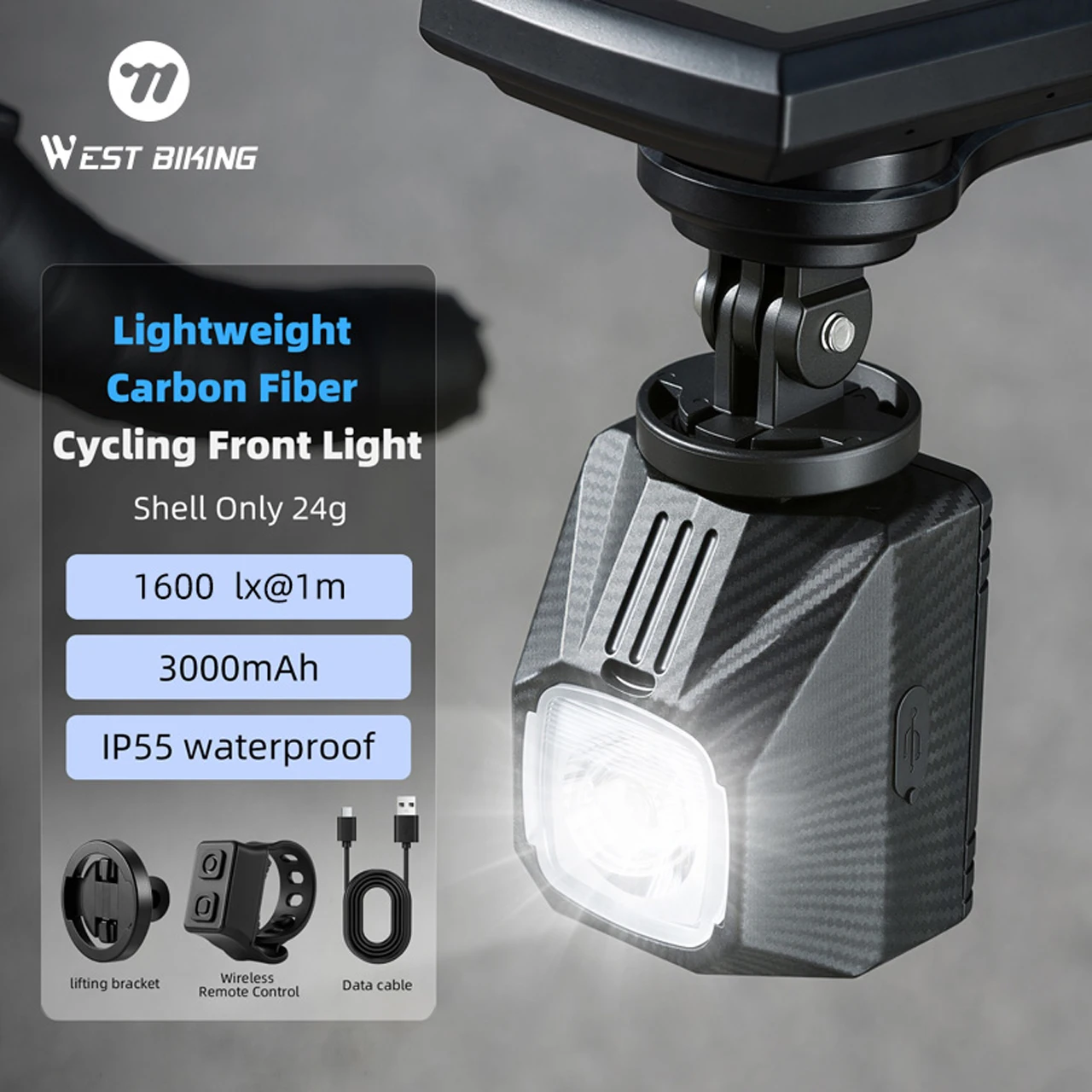 WEST BIKING Bicycle Headlight Anti Glare Cut‑off Line IP55 Waterproof Lightweight Carbon Fiber Shell For Road MTB Night Cycling