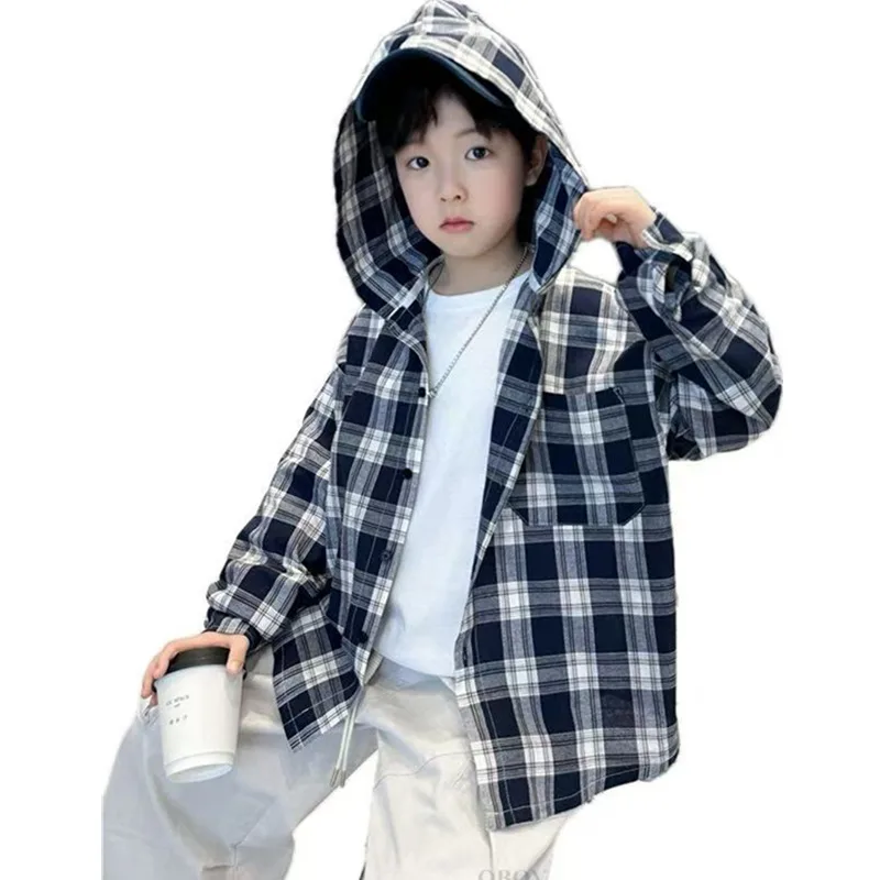 

New Design Children Plaid Hooded Shirt For Boys Long Sleeve Blouse With Hoodies Teenage Kids Spring Autumn Clothing Outerwear