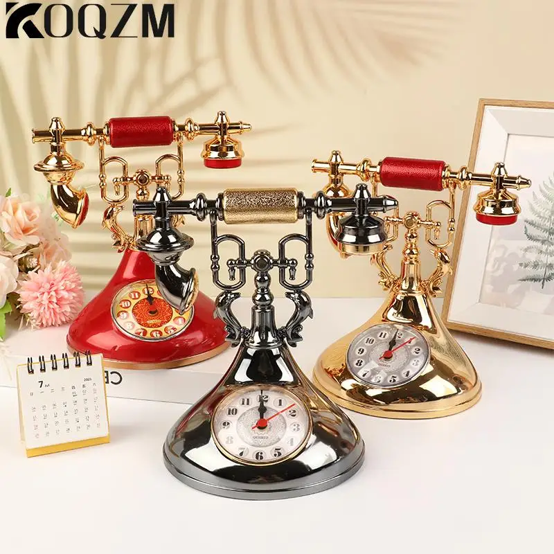 1pc Retro Alarm Clock Telephone Model Creative Timekeeper Desktop Ornament For Home Room Bedside Table Decoration