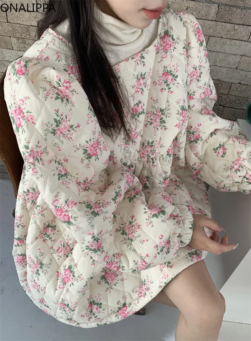 Onalippa Sweet Pink Floral Quilted Coat Square Collar High Waist Kawaii Coats Korean Fashion Chic Puff Long Sleeves Pullover
