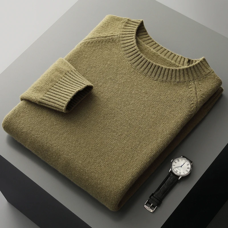 

ADDONEE Autumn Winter Men Thick O-neck Wool Sweater Long Sleeve Pullover 100% Merino Wool Knitwear Soft Comfy Basic Cashmere Top