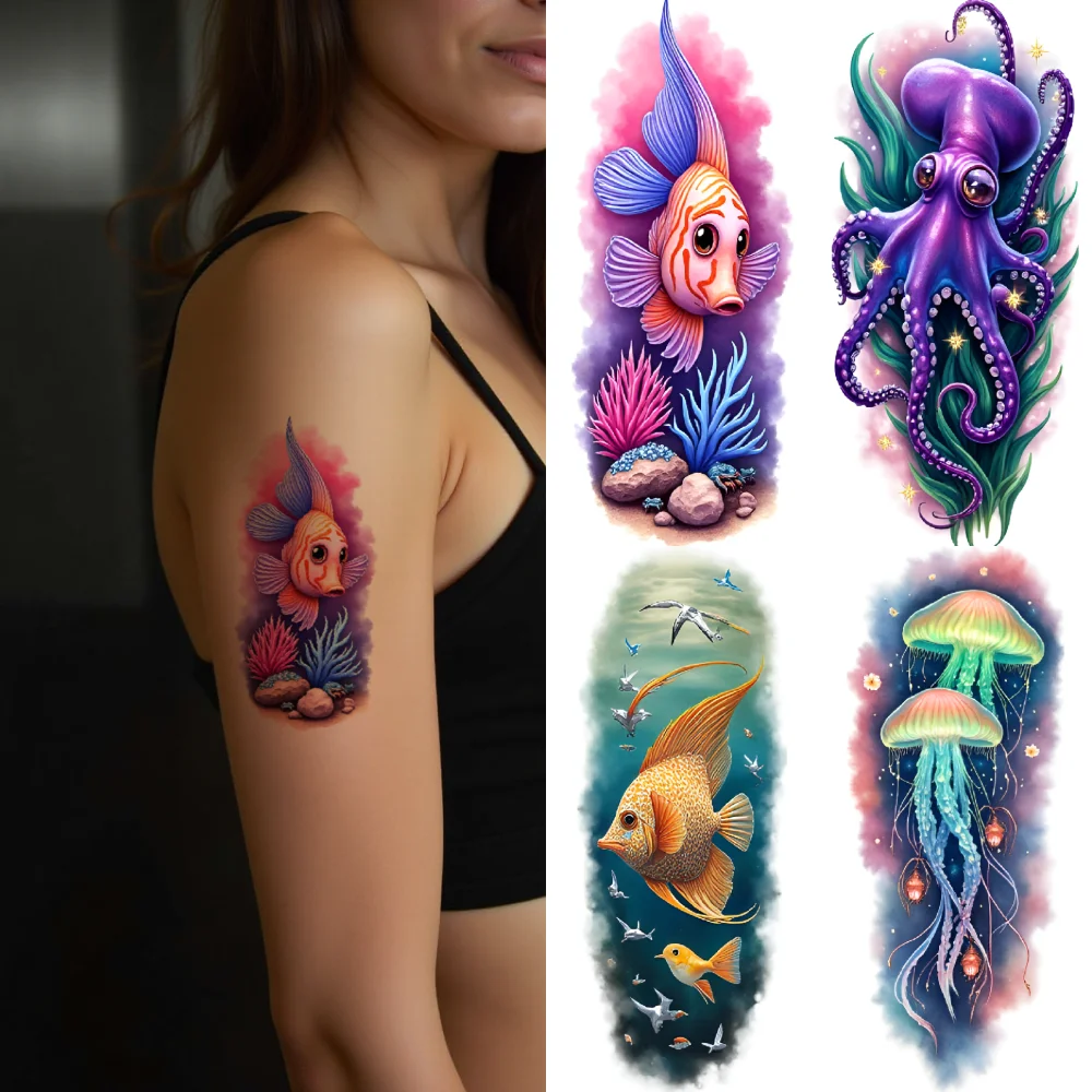 

12 шт. временные татуировки красочный реализм коралл морская жизнь океанские существа для спины руки взрослые