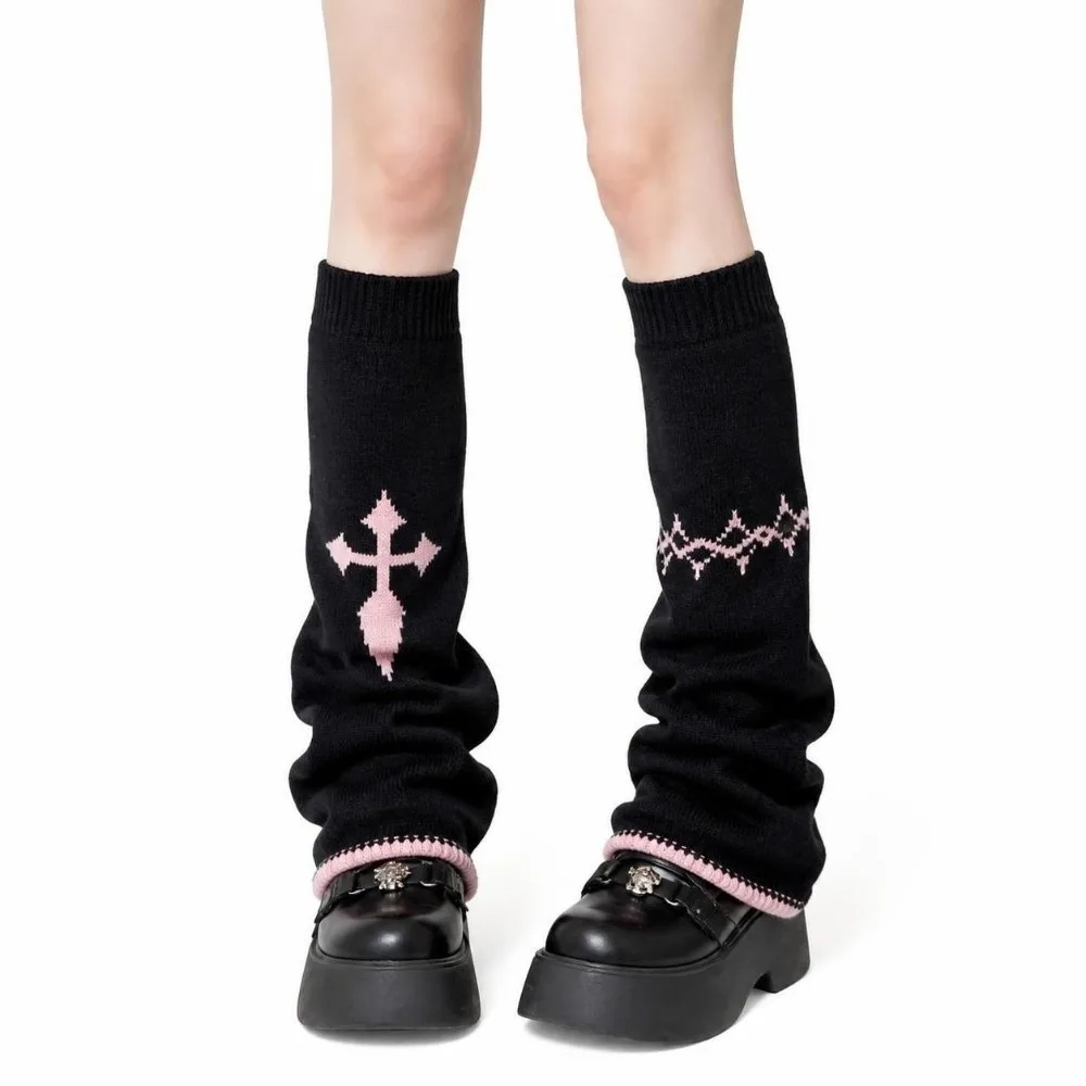 Alt Style Asymmetric Knit Leg Warmers Stretch Knit Cross Pattern Boot Cuffs Wide Leg Slouchy Fit Slouchy Socks Streetwear Look