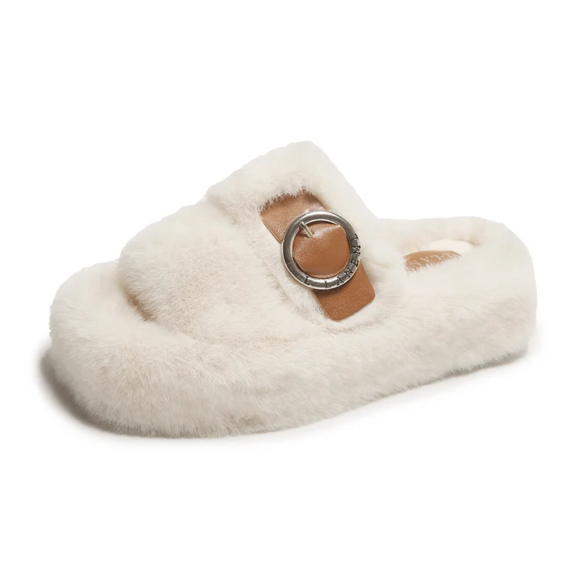 2023 New Autumn and winter fashion cross fluffy slippers women's indoor and outdoor one word flat cotton slippers ASG201