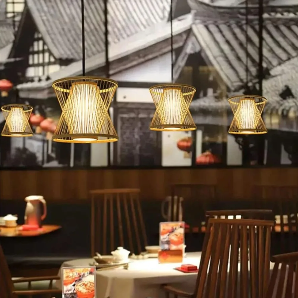 Japanese Style Teahouse Ceiling Chandelier Bamboo Art Lampshade Pendant Light For Bedroom Balcony Courtyard Study(E27 Base 35cm)