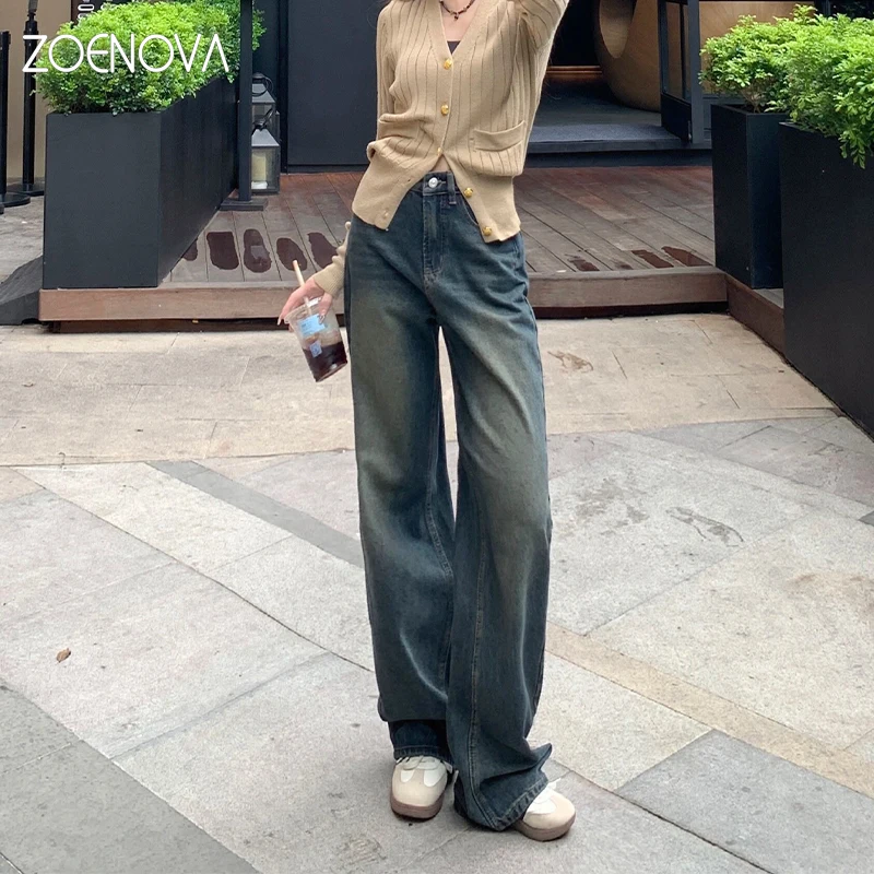 

ZOENOVA Spring New Retro Washed Wide Leg Pants Women Fashion Jeans Office Lady Elegant High Waist Straight Versatile Denim Pant