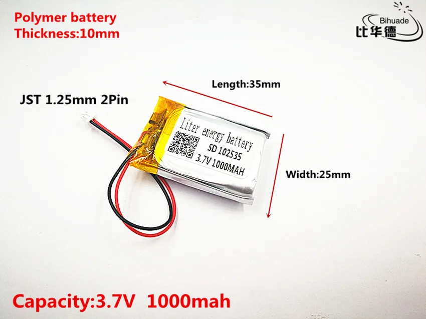 2pcs JST 1.25mm customized Good Qulity 3.7V,1000mAH,102535 Polymer lithium ion / Li-ion battery for TOY,POWER BANK,GPS,mp3,mp4