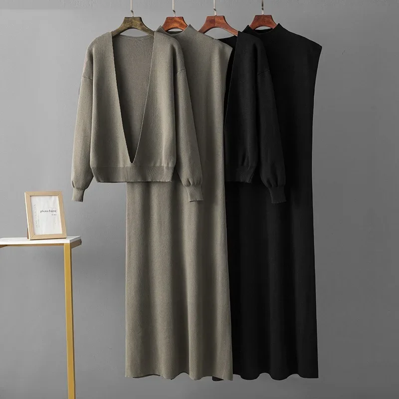 Fashion Women Woolen Dress Suit Autumn Sleeveless Knit Long Dress with Long Sleeve Deep V-neck Suit Women Two-piece Set Elegant