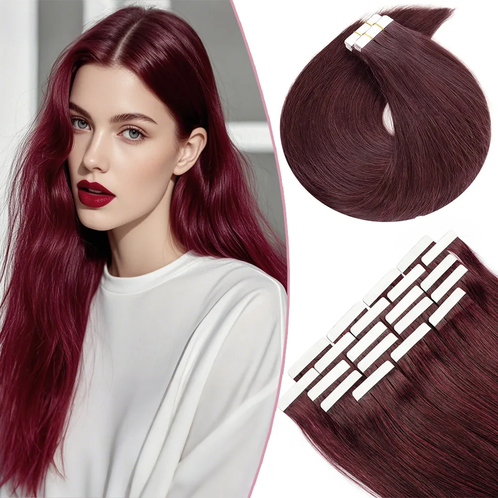 100% Human Hair Tape in Extensions Natural Color #99J Burgundy PU Skin Weft Straight Seamless Tape In Hair Extensions Human Hair