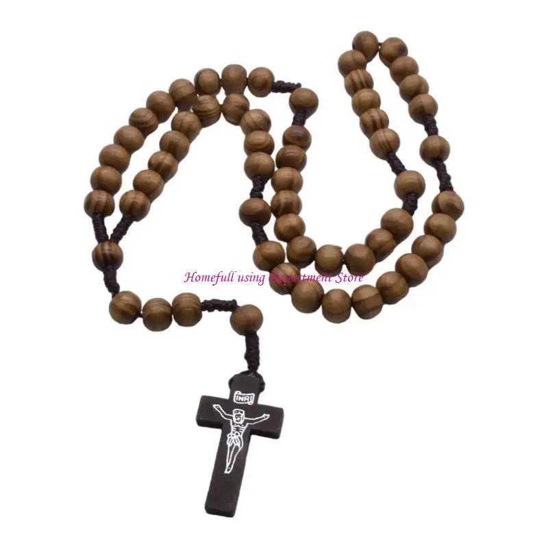 Catholic Prayer Beads Rosary Necklace with Wooden Crosses Pendant Religious Accessories for Communion