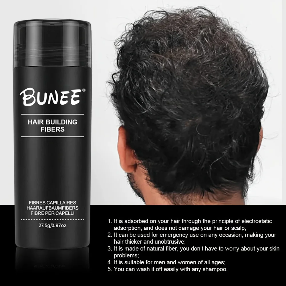 BUNEE Hair Fiber 27.5g: Men\'s natural hair-thickening fibers for balding areas, fills part lines, includes 27.5g fiber powder.