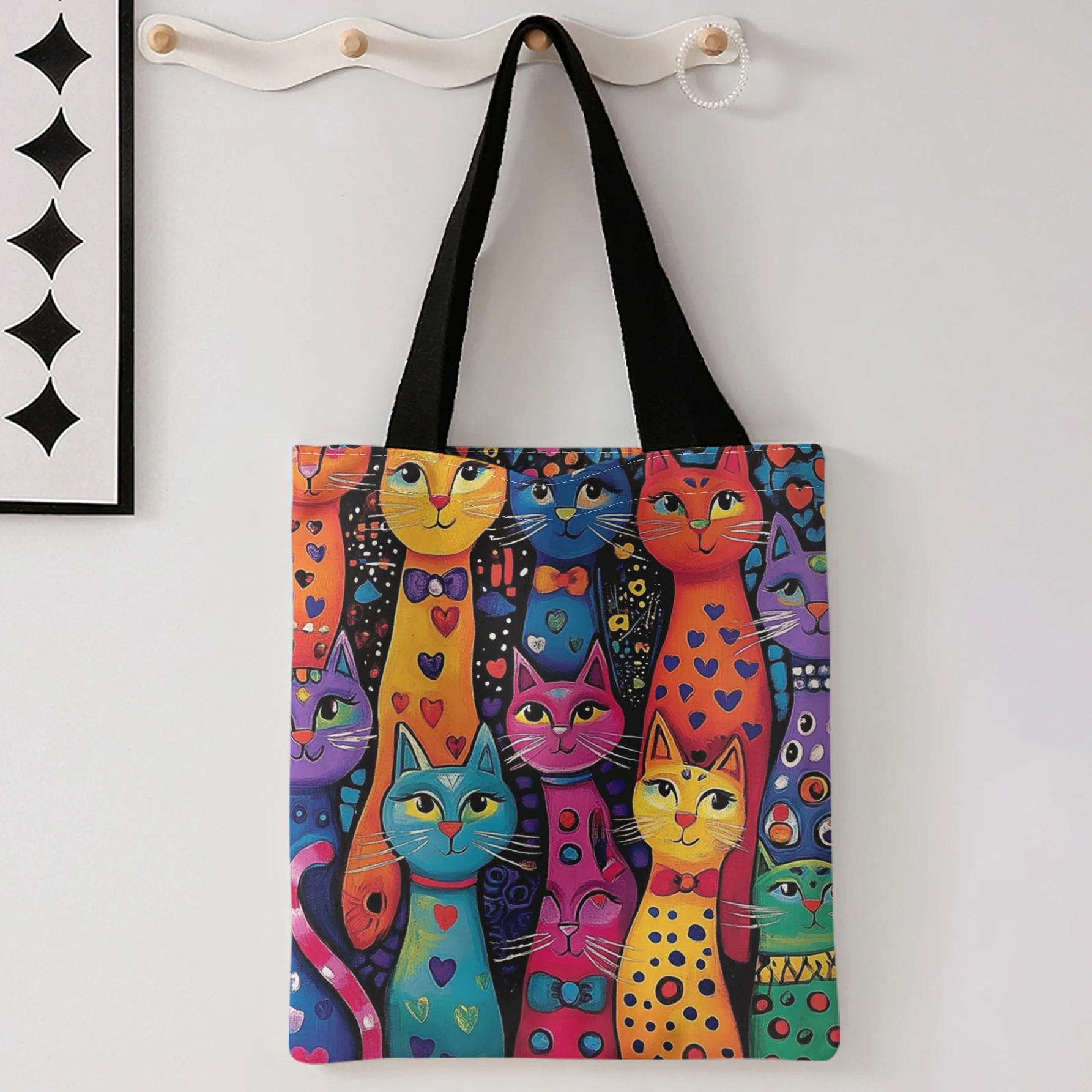Colorful Abstract Cats With Hearts And Polka Dots Print Tote Bag Large Capacity Shoulder Bag For Shopping Travel Daily Use