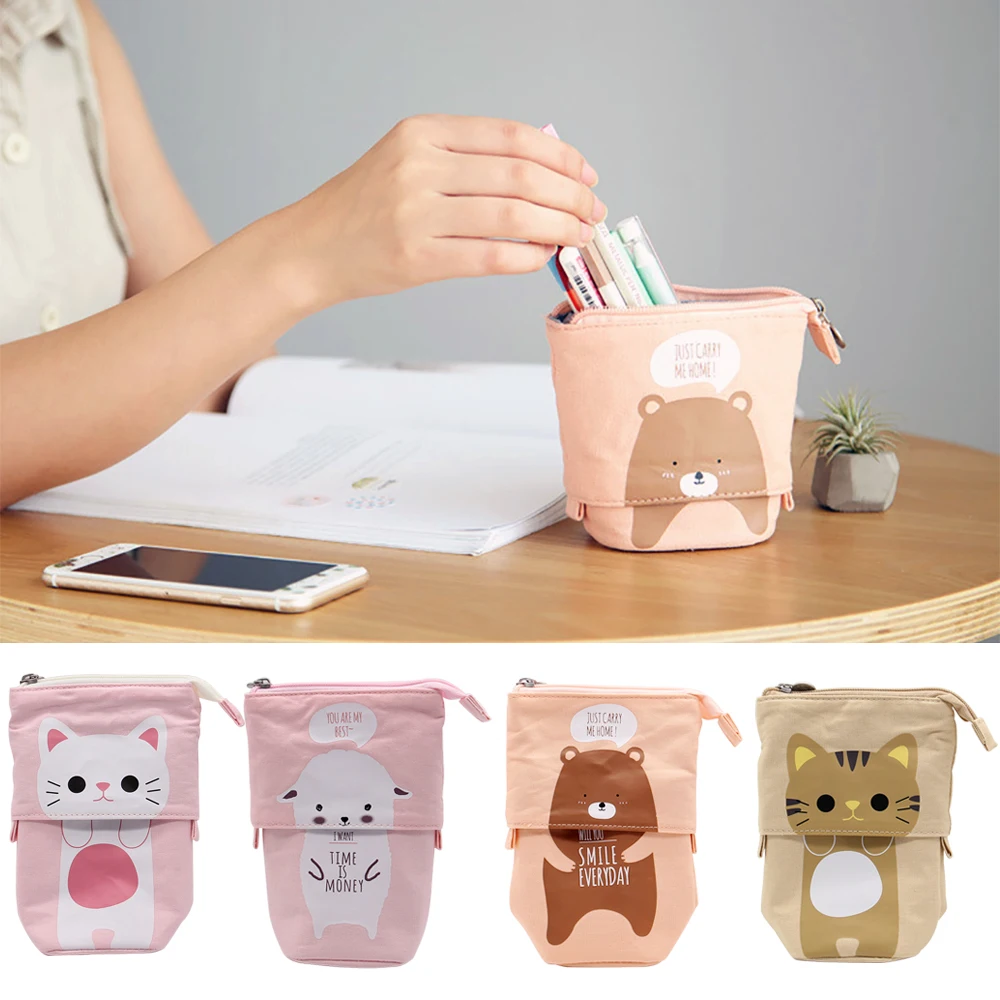 Cute Cat School Pencil Case for Girls Boy Pencilcase Canvas Cartridge Pen Bag Kawaii Pen Box Stationery Penal Kit