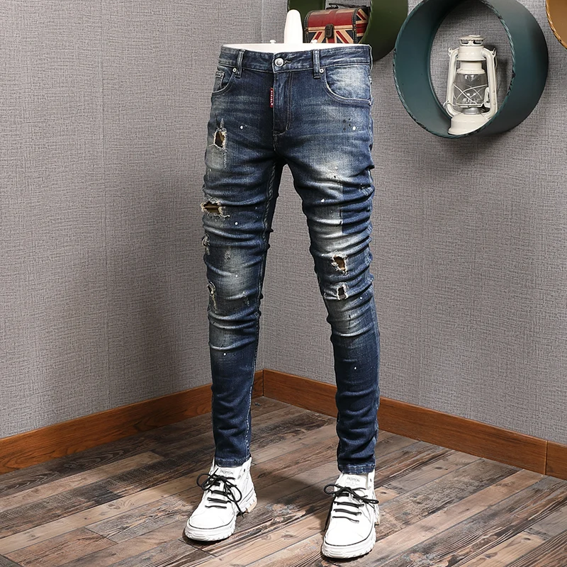 Street Fashion Men Jeans Retro Black Blue Elastic Stretch Slim Fit Vintage Ripped Jeans Patched Designer Hip Hop Denim Pants Men