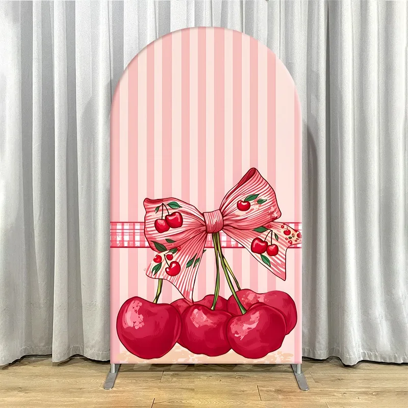 Arch Backdrop Cover Single Side Cherry Pink Striped Bow Flower Heavy Duty Party Decoration Photo Booth Background Event Supplies