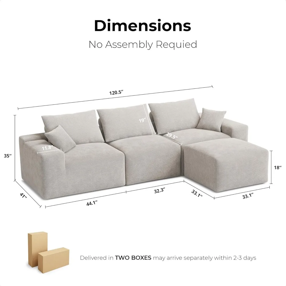 أريكة مقطعية حديثة على شكل حرف L مقاس 120 بوصة لغرفة المعيشة، تنجيد سروال قصير باللون الرمادي، أريكة كبيرة الحجم بثلاثة مقاعد بعمق