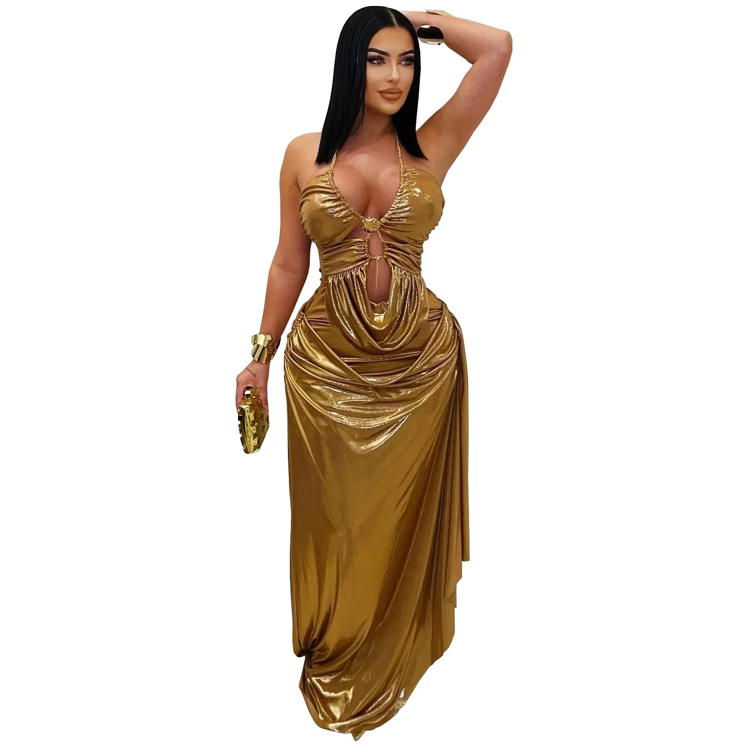 Metallic-Goldenes Neckholder-Maxikleid - close-up view