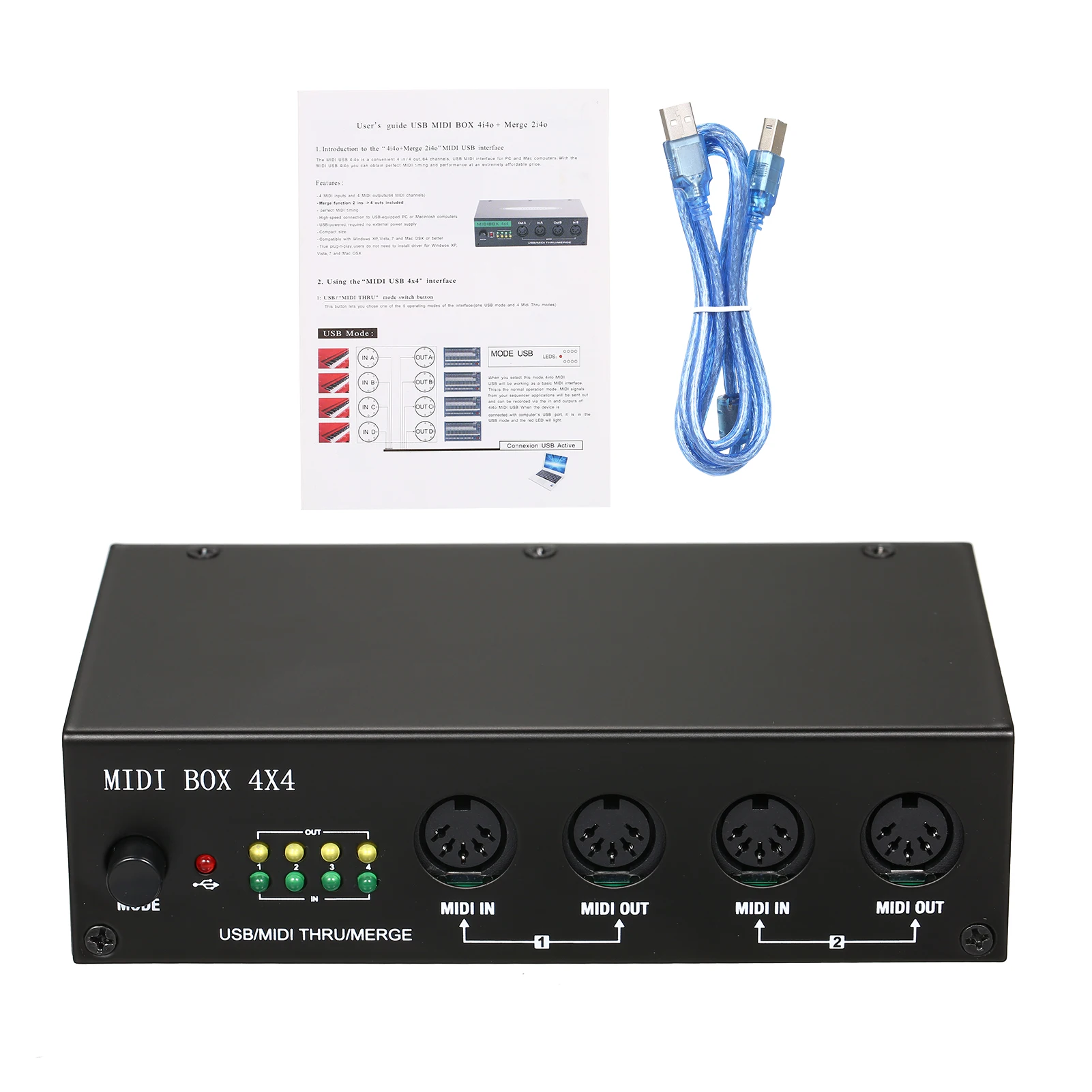 UM4X4 USB MIDI Interface 4 IN /4 Out 64 MIDI Channels 4i/4o + Merge 2i4o MIDI Box 4X4 High-speed connection to PC or computers