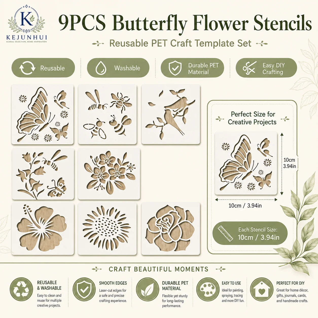 9pcs Flower Templates, Reusable Spring Natural Templates, DIY Craft Templates for Painting on Wooden Walls, Canvas Home Decor