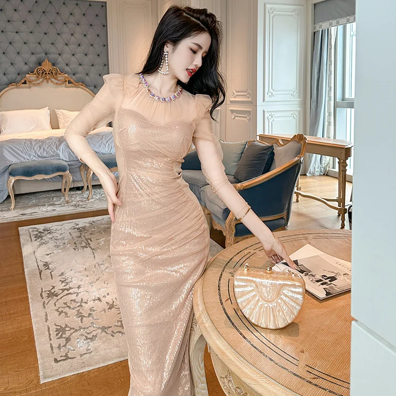 Golden Evening Dress Banquet Autumn and Winter Clothing New French Grenadine Sequins